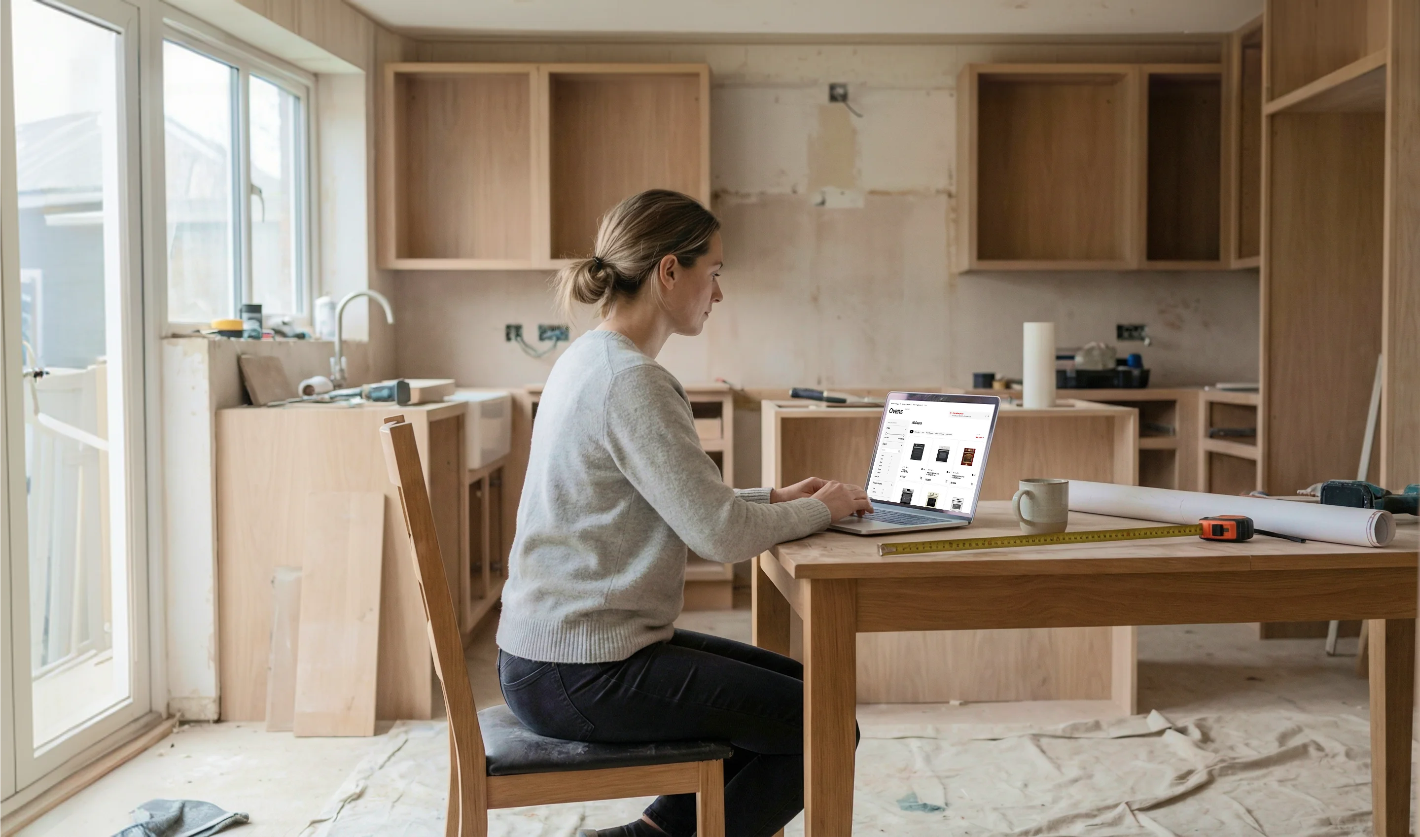 Anna working on laptop in a kitchen